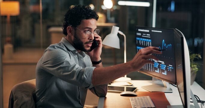 Phone call, stock market and businessman in office at night for finance negotiation with client. Cellphone, trading and financial advisor on mobile discussion with computer for investment proposal.