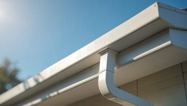 Close-up of white gutter system on modern house roof reflecting sunlight. Durable exterior drainage solution, clean design, efficient water management. Ideal for architecture, construction home