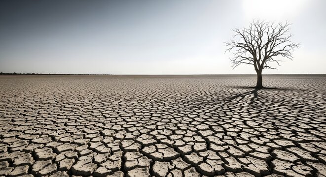 Single dead tree casting a long shadow on a vast, cracked dry desert landscape under a stark sky for climate change and desertification concept