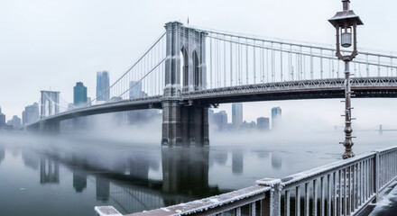 Naklejka premium Brooklyn bridge in winter fog. Frozen New York city skyline over East river on cold frosty day. Urban winter wonderland season scenery.