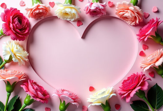 Springtime freshness theme. Top-view capture of blooming carnations, hearts, and vibrant confetti, framed by heart-shaped cutout on soft, pastel backdrop with space for personalized notes or advert