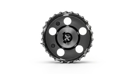 Close-up of a circular metal gear on a white background.