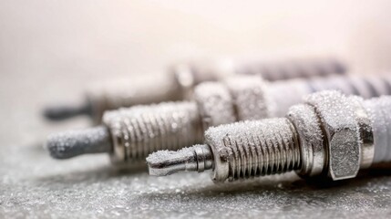 frozen glow plugs on workbench, frost crystals visible, top down minimalistic view, bright neutral tones, automotive workshop style