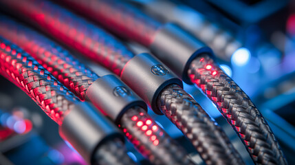 Macro close-up detail of braided carbon fiber cables with glowing red and blue lighting representing high performance connectivity data transfer durability and advanced technology