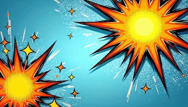 Dynamic comic illustration featuring two exploding stars. Vibrant orange and yellow bursts emanate from centers against a blue backdrop. Stylized stars scattered around create a dramatic effect. - Powered by Adobe