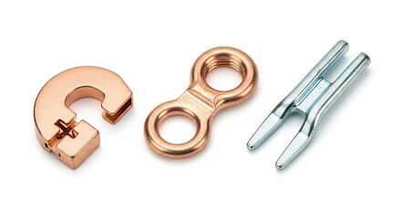 Three metallic components on a white background.