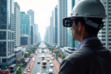 Architect Using Augmented Reality Glasses to Overlay Digital Construction Plans onto a Busy Cityscape.
