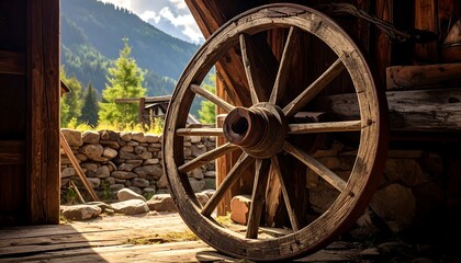 Fototapeta premium Weathered wooden wagon wheel leans against barn door; bright alpine scenery is visible in background
