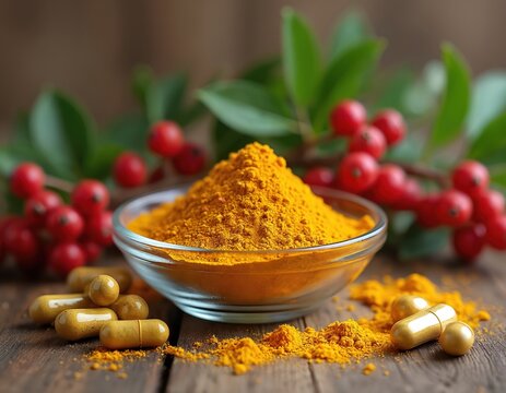 Bright yellow turmeric powder in glass bowl sits on rustic wooden surface. Golden berberine capsules, red barberry berries, green leaves create natural wellness composition. Organic herbal
