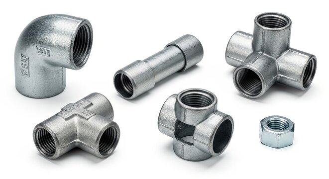 Assorted metal pipe fittings on white background.