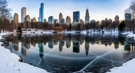 Obraz premium Frozen lake reflecting city skyline. Urban park landscape with snow on ground, trees, and tall building reflection on cracked ice surface.