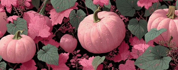Pink pumpkins and vibrant leaves pattern on dark background for autumn decor and nature themes.