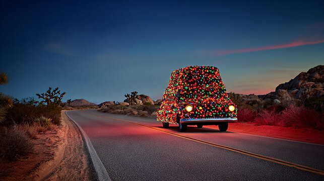 Colorful car adorned with festive lights driving along a desert road at dusk, surrounded by unique rock formations, creating a joyful holiday atmosphere with vibrant colors