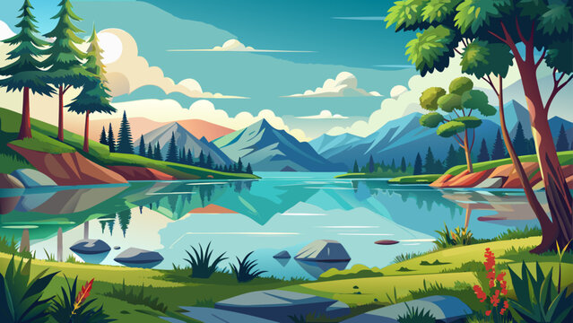 Very beautiful tranquil lakeshore habitat features calm reflective water, soft summer greenery, and open sky, highlighting a peaceful protected environment perfect for nature, conservation, and scenic