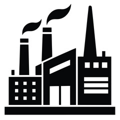 Black factory silhouette showcases tall chimneys releasing smoke with simple architectural features
