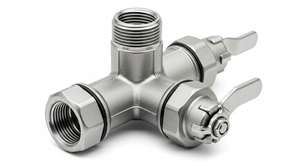 Stainless steel pipe fitting with valves on white background.