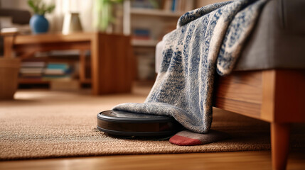 Smart home chaos without disaster robot vacuum stuck under a chair with a sock indicator light blinking cozy living room no people visible humorous automation fail smart home