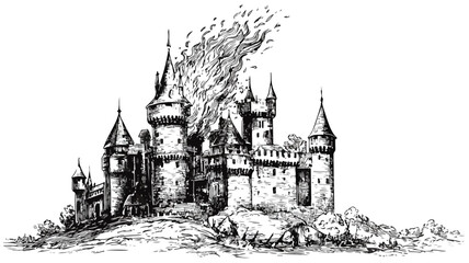 Fototapeta premium Enchanting Castle with Fiery Glow Vector Illustration