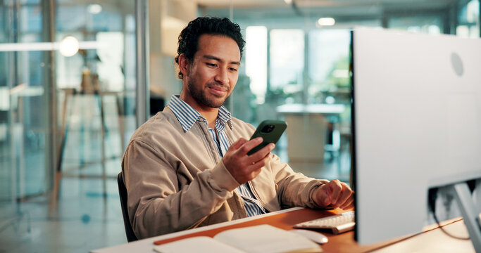 Reading, smartphone and business man in office for communication, schedule post and campaign. Mobile, social media marketer and person in workplace for ad notification, sponsorship review and smile