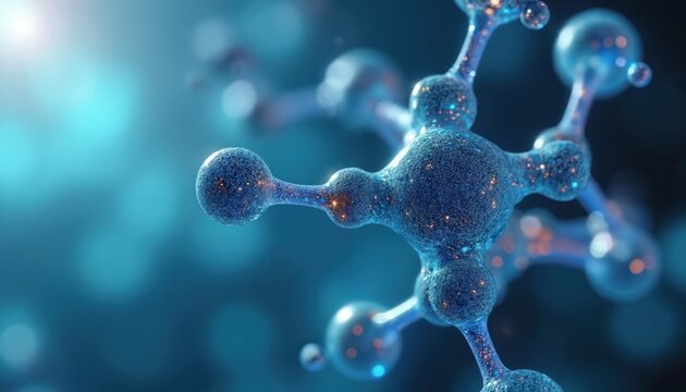 Abstract image molecule structure with atoms in luminescent colors. Science tech background presents atom connection network related to chemical biology innovation. Concept of healthcare, medical