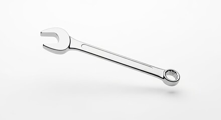 Floating shiny metal wrench on white background.