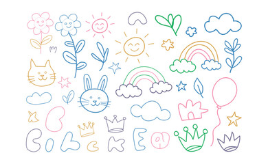 Cute hand drawn doodle clipart featuring cats bunnies flowers rainbows clouds and balloons