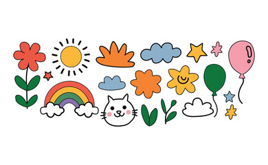 Cute hand drawn doodle icons featuring flowers rainbow sun cat and balloon