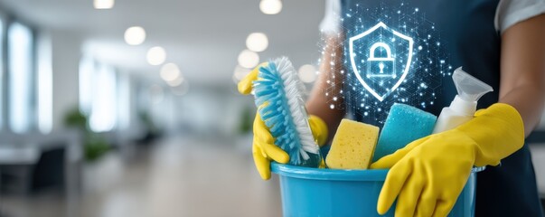 Cleaning worker with yellow gloves holding a cleaning bucket and digital shield in a modern office