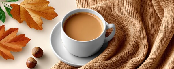 Cozy coffee scene with sweater, leaves, and autumn mood for a warm, homey feel