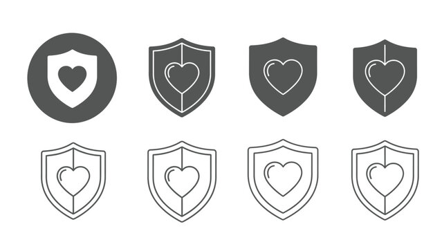 A collection of shield icons with a heart symbol inside, representing protection and love, in both solid and outline styles.