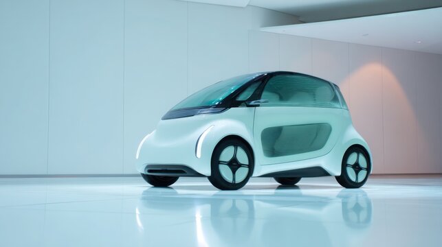 futuristic japanese microcar presentation, compact electric vehicle on a clean white stage, soft lighting, minimalistic background, smooth curves