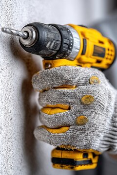Worker uses yellow power drill to drill into wall with a gloved hand