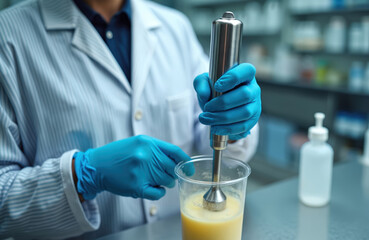 Scientist in lab coat, blue gloves mixes yellow liquid. Person uses handheld blender for research, prepares medicine, cosmetic cream or chem product. Work happens at lab, focusing on mixture process.