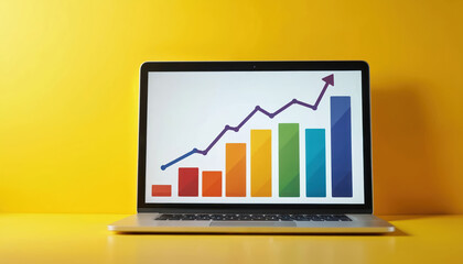 Laptop shows colorful bar graph with upward trending line, business growth, data analysis on bright yellow surface, background. Represents progress, financial success, positive performance in digital