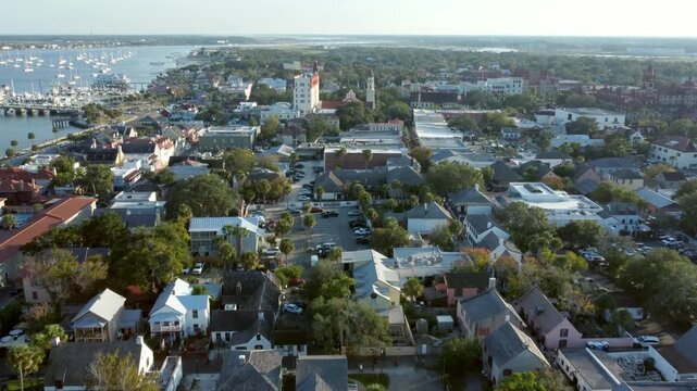 Aerial flyover of the downtown historic district of St Augustine, Florida, USA.