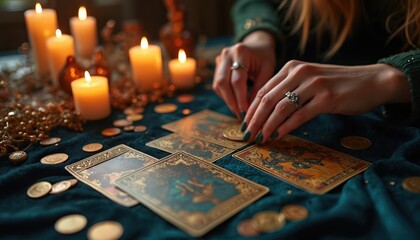 Woman places tarot card on table amid lit candles and coins. She examines deck for divination reading, seeking insight into future and destiny. Mystical atmosphere aids spiritual guidance.