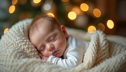 Tiny newborn baby sleeps soundly in soft knitted blanket. Infant resting peacefully, wrapped in warm fabric at home. Golden Christmas lights create gentle bokeh background, showing sweet holiday