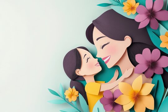 Affectionate mother and child embrace surrounded by colorful paper flowers and foliage