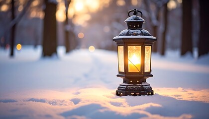 Winter scene a lantern glows warmly in snow, with trees blurred in the background, bathed in golden sunlight