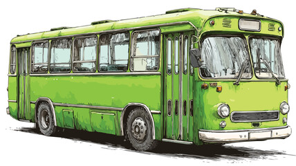 Detailed Vector Drawing of Green Bus with Large Window - Professional Transport Illustration