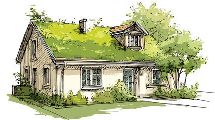 Green House with Green Roof Vector Drawing for Architecture Designs