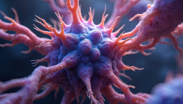 Abstract image displays intricate biological structure. Detailed artwork reveals cellular design. Complex pattern portrays microbe. Molecular composition of organic form visualized at close range.