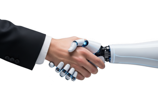 Human hand in business attire shakes robotic hand symbolizing future technology collaboration and innovation isolated on transparent background