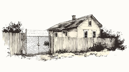 Detailed House Drawing with Fence and Fence Vector Illustration