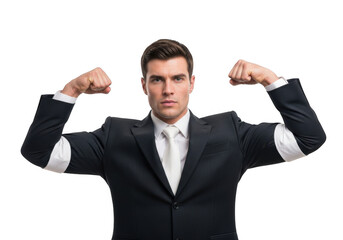 A determined man in a dark suit and white shirt flexes his biceps showcasing strength and confidence isolated on transparent background
