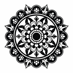 Intricate black and white mandala shows detailed symmetrical floral elements in an ornate pattern