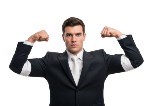 A determined man in a dark suit and white shirt flexes his biceps showcasing strength and confidence isolated on transparent background
