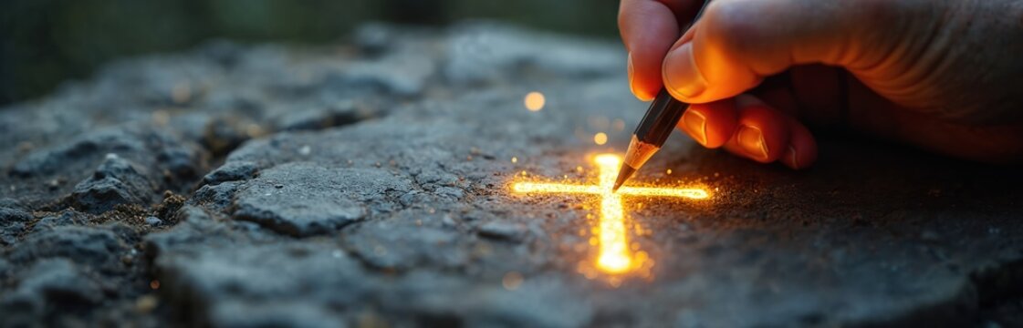 Hand draws illuminated cross on stone surface. Pencil creates glowing symbol representing faith guidance and spirituality. Cross illustration is a metaphor for marking guidance and spiritual journey.