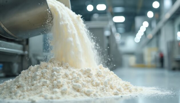 Close up photo of white flour pouring out of metal container. Powder falls to form a heap in food production plant. Process of making dough.
