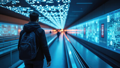 Person walks on moving walkway inside modern airport terminal. Digital screens display data information. Blue lights illuminate the tunnel. Tech and future concepts.
